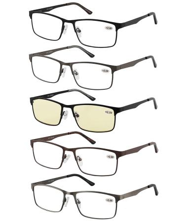 Amcedar 5-Pack Reading Glasses Men Metal Frame Rectangle Style Stainless Steel Material Spring Hinges Includes Computer Readers +1.00 +1.00 Magnification (Pack of 5) 5 Pairs Mix
