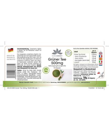 Premium Green Tea Extract 500mg - 90 Vegan Capsules | 50% Polyphenols - High EGCG | Herbadirekt by Warnke Vital Substances - German Quality - Buy Online on GoSupps.com