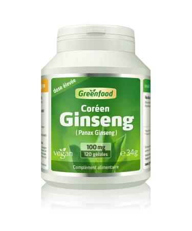 Greenfood Korean Ginseng (Red Ginseng), 100 mg, 120 Capsules, High Dose - Root Extract with 30% Saponins. No Artificial Additives, No Genetic Engineering. Vegan.