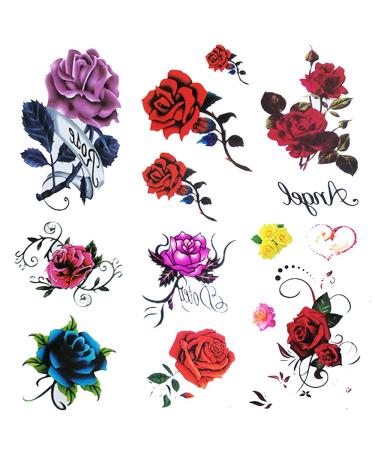 6 Sheet small fake Rose tattoo for women Girls Temporary Tattoos blue red flower  waterproof and Long Lasting sexy tattoos flowers -include purple pink yellow rose flowers   butterfly