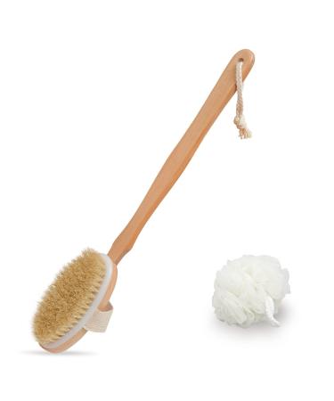 Body Brush for Bath or Shower - Dry or Wet Skin Exfoliating Long Wood Handle Back Scrubber with White Sponge 1 Count (Pack of 1)