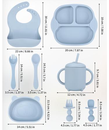 Jissta Baby Weaning Set 8 Pcs | Silicone Feeding Set with Suction Bowl, Bib, Cup, Fork & Spoon | Non-Slip Baby Plate | BPA-Free (Blue) - Buy Online on GoSupps.com