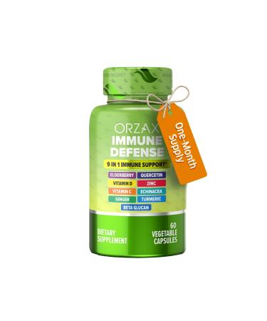 ORZAX 9 in 1 Immune Defense Booster Herbal Supplement, Specialized High Strength Formula - Vitamin C & D, Zinc, Quercetin, Turmeric & Ginger, Echinacea - Non-GMO - 60 Veggie Capsules - 30 Day Supply 60 Count (Pack of 1)