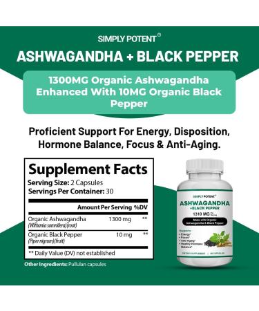 Simply Potent Ashwagandha Capsules Organic Ashwagandha Supplement with Black Pepper High Absorption Ashwagandha Root Pills 650 mg Ashwagandha Extract for Stress Immune Energy & Mood Support 60 Ct - Buy Online on GoSupps.com