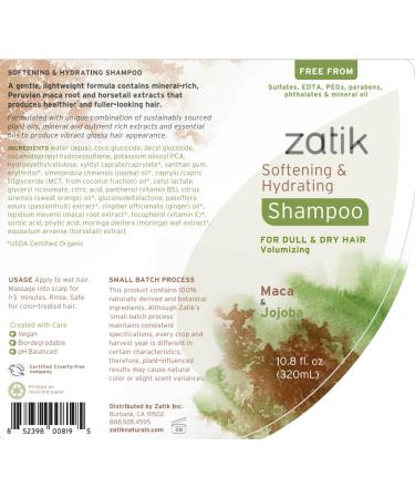 Zatik Naturals Softening & Hydrating Shampoo + Conditioner Set | Vegan pH Balanced Sulfate-Free | Maca & Jojoba | 10.8 fl oz | International Shipping Available - Buy Online on GoSupps.com