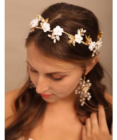 Chargances Bridal White Flower Hair Vine Wedding Leaf Crystal Headband Dainty Pearl Statement Handmade Hair Accessories for Women and Girls Brides (Gold) - Buy Online on GoSupps.com