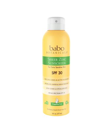 Babo Botanicals Sheer Zinc Continuous Spray Sunscreen SPF 30 with 100% Mineral Active, Non-Nano, Water-Resistant, Reef-Friendly, Fragrance-Free, Vegan, For Babies, Kids or Sensitive Skin - 6 oz.
