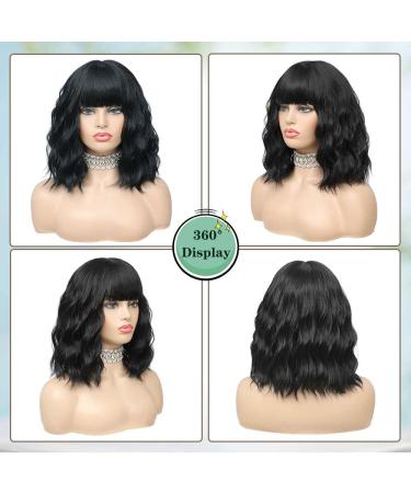 Elfairy 12 Short Bob Wavy Curly Wig with Bangs - Heat Resistant Natural Black Hair Replacement Wig for Women - Buy Online on GoSupps.com