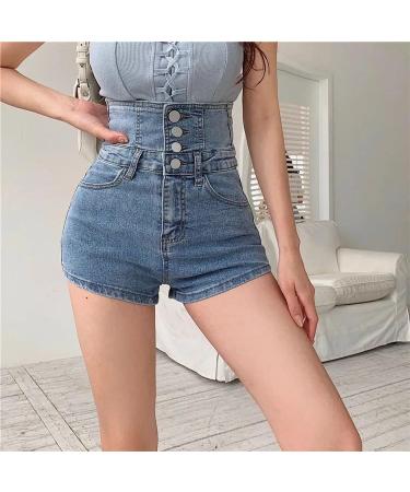 Uck-Kit Women's High Waist Denim Shorts - Summer Torn Blue Jeans with Cross-Tail Hips - Buy Online on GoSupps.com