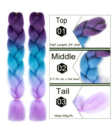 Colorfulpanda Ombre Jumbo Braid Hair Extensions - 24 Inch 100g Kanekalon for Crochet Twist - Dark Lila/Blue/Light Purple - Buy Online on GoSupps.com