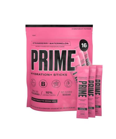 PRIME HYDRATION + Sticks Fraise Past que | B tonnets de poudre d'hydratation portion unique | Poudre d' lectrolyte en d placement | Faible teneur en sucre | Sans caf ine | V g talien | 16 b tonnets Past que fraise 5.76 Ounce (Pack of 16)