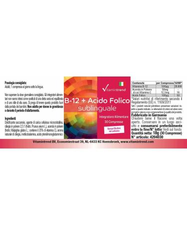 Vitamin B-12 + Sublingual Folic Acid - 30 Tablets with 500 g Vitamin B12 100 g Folic Acid & Acerola - High Dosage - Vegan - Bioavailable Supplements from Germany | Vitamintrend  - Buy Online on GoSupps.com