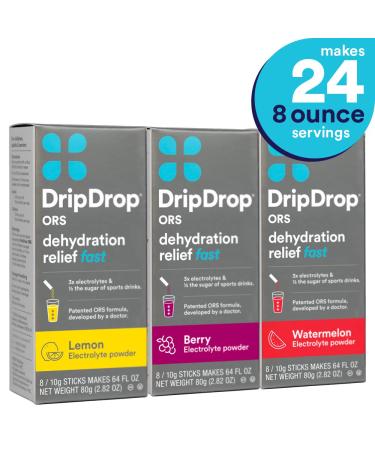 DripDrop ORS Electrolyte Hydration Powder Sticks Variety Pack - Lemon/Berry/Watermelon - 8 Sticks x 10g (Pack of 3) - Buy Online on GoSupps.com