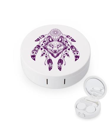Tribal Wolf Head Cute Contact Lens Case Travel Portable Round Contact Storage Box Kit with Mirror for Daily Outdoor