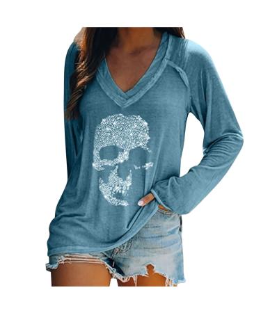 Halloween Shirts for Womens,Funny Pumpkin/Skeleton Print V-Neck Long Sleeve Tops Casual Loose Basic Blouse K X-Large