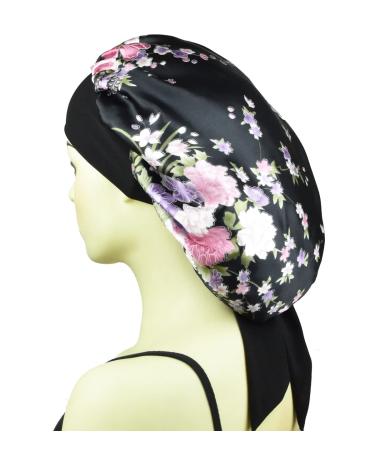 Silk Satin Bonnet for Curly Hair | Floral Black Sleep Cap for Women | Large Night Cap with Tie Band - Buy Online on GoSupps.com