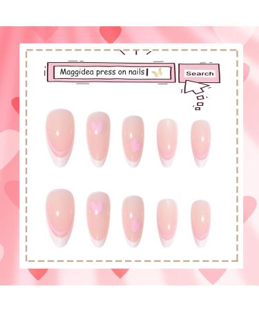 False Nails Medium Length Almond Pink French Stick on Nails - 24pcs with Glue | Elegant Ballet Heart Design | Sweet Fake Nails for Women Girls DIY - French Love - Buy Online on GoSupps.com