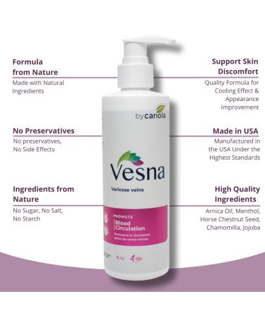 VESNA Varicose Veins Cream 8 oz - Natural Calming & Moisturizing Formula with Arnica Menthol & Jojoba - Day & Night Relief for Varicose Veins - Buy Online on GoSupps.com