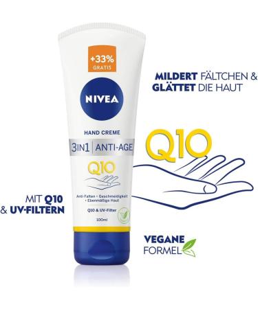 NIVEA 3-in-1 Anti-Age Q10 Hand Cream (100 ml) Anti-Wrinkle Hand Care with Q10 and UV Filter Nourishing Skin Cream for Normal to Dry Hands - Buy Online on GoSupps.com