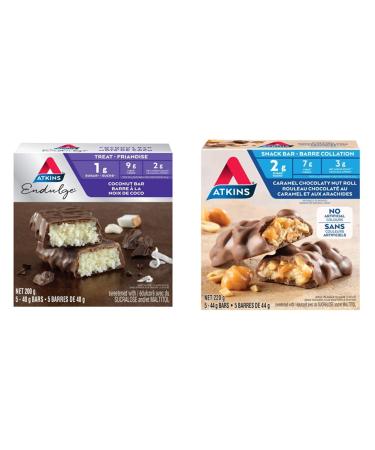 Atkins Endulge Bars - Coconut 1g Sugar Keto-Friendly High Fibre - 5-Count & Snack Bars - Caramel Chocolaty Nut Roll 2g Sugar Keto-Friendly High Fibre 5 count Endulge Bars + Snack Bars