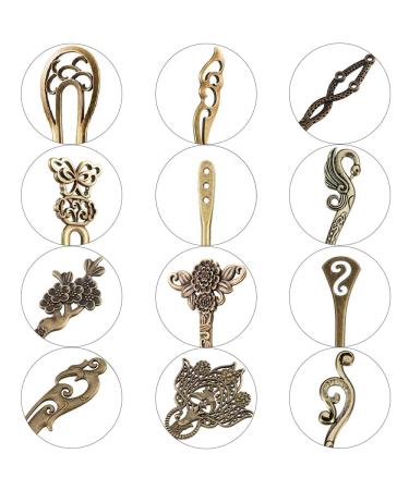 AUHOKY 24Pcs Chinese Women Hair Sticks Vintage Bronze Decorative Hair Pin Chopsticks - 12 Styles Antique Retro Hair Forks DIY Accessory - Buy Online on GoSupps.com