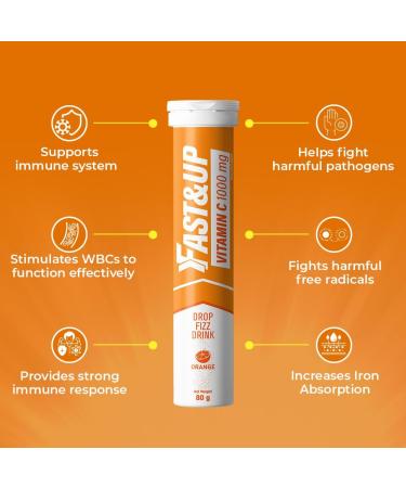 Fast&Up Vitamin C 1000 mg Effervescent Tablets - Immune System Support - Orange Flavour - 20 Count Pack - Buy Online on GoSupps.com