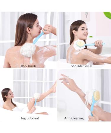 2-in-1 Shower Body Brush with Loofah Sponge & Bristles Back Scrubber - Exfoliating Bath Brush for Women and Men - Long Handle for Wet or Dry Use - Blue - Buy Online on GoSupps.com
