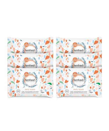 Femfresh Intimate Wipes - Flushable & Biodegradable Disposable Feminine Hygiene Vaginal Cloths with Calendula & Aloe Extracts - Freshening Soothing pH Balanced Hypoallergenic Pack of 6 x 25 Wipes 25 count (Pack of 6)