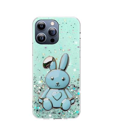 Miagon Rabbit Glitter Stand Case for iPhone 15 Pro Bling Transparent Soft TPU Protective Slim Shockproof Cover with Heart Bunny Holder Kickstand iPhone 15 Pro Green