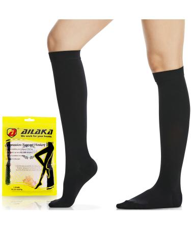 Ailaka compression stockings for women and men closed foot tip knee high 20 30 mmHg firm seat help against varicose veins suitable for travel/leisure/formal occasions.Black medium