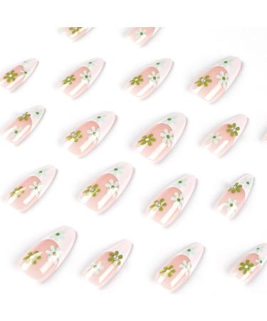 Justotry 24 Pcs Floral Almond Short False Nails | Trendy Nude Fake Nails Short with Nail Glue | Daisy Stiletto Medium Stick on Nails for Women - Buy Online on GoSupps.com