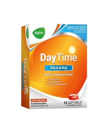 AXIV Daytime Multi-Symptom Daytime Cold and Flu Relief Softgels Non-Drowsy Cold Medicine Relief of Pain Sore Throat Minor Aches and Pains Fever Cough 24 Count 24 Softgels