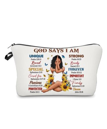 African American Makeup Bag for Purse God Says I Am Unique Special Lovely Chosen Forgiven Afro Black Cosmetic Bags Inspirational Gift Afro -54712-B