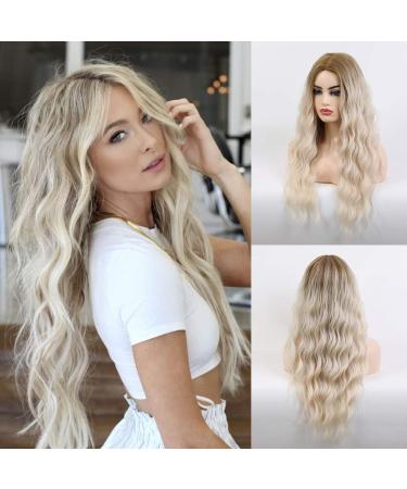 Long Wavy Blonde Wig for Women Natural Beach Wave Curly Hair Middle Part Synthetic Wigs with Dark Root for Daily/Party/Cosplay (Platinum Blonde 26 Inch)