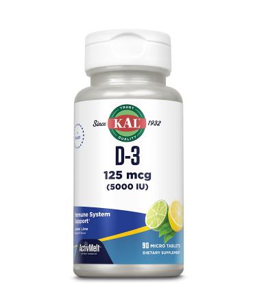 KAL Vitamin D-3 5000 IU ActivMelt Instant Dissolve Natural Lemon Lime Flavor Healthy Immune Function & Bone Support 90 Servings 90 Micro Tablets