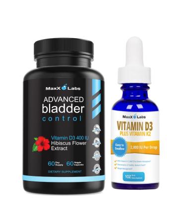 MaxX Labs Advanced Bladder Control Supplements 60Ct + Vitamin D3 K2 Liquid Drops w/ K2 MK7-2 000 IU Per Drop Liquid Vitamin D K2 Drops 1 Oz