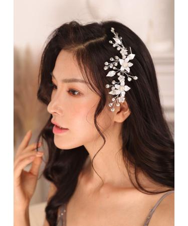 Kercisbeauty White Flower Silver Hair Comb for Women and Girls Rhinestones Headpiece for Birdal Shower Jewelry Collection