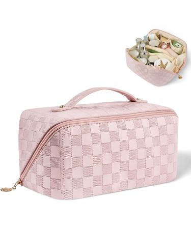 Aucuu Large Capacity Travel Cosmetic Bag for Women Girls PU Leather Waterproof Layered Storage Makeup Bag with Handle Portable Travel Organizer (Checkered Pink) #15 Pink-15 - Buy Online on GoSupps.com
