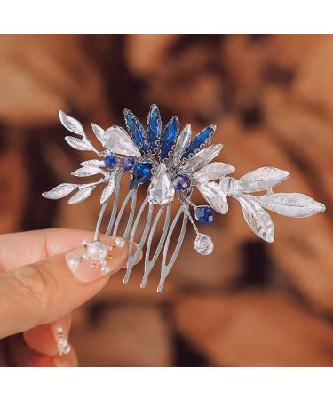 IYOU Rhinestone Bridal Hair Combs Crystal Blue Wedding Side Comb Leaf Prom Bride Hair Accessories for Women