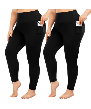 yeuG Women's Plus Size Leggings with Pocket-2 Pack High Waist Tummy Control Yoga Pants Spandex Workout Running Black Leggings Black black XX-Large