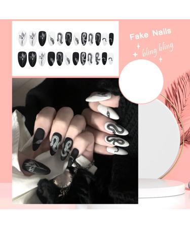 24Pcs Long Coffin Snake Fake Nails with Glue - Black/White French Tips - Buy Online on GoSupps.com