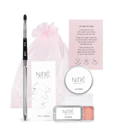 Nir Beauty Lip Care Set - Strawberry Lip Scrub Exfoliator Natural Lip Balm Pro Lip Brush with Gift Bag and Guide Pink - Lip Care Kit