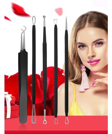 Blackhead Tweezers Acne Extractor Tool Kit with Leather Bag - Nose & Facial Blemish Remover for Whiteheads - 5 Pcs Set - Buy Online on GoSupps.com