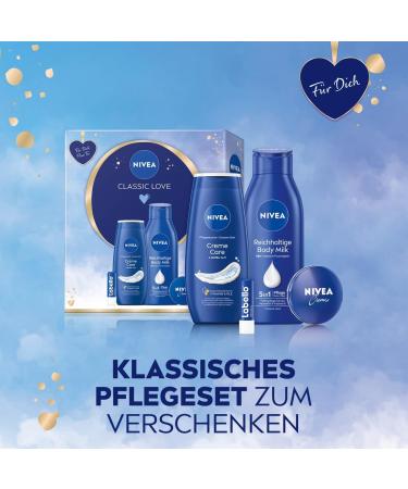 NIVEA Classic Love Gift Set Care Set with Moisturising Care Products Gift Box with Shower Nourisher Labello Body Milk and NIVEA Cream - Buy Online on GoSupps.com
