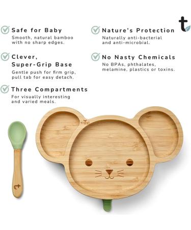 Tiggi Bamboo Baby Suction Plate - Complete Weaning Set | BPA-Free Bamboo Plates | Strong Suction | Easy Feeding and Clean-Up | Mouse Soft Green - Buy Online on GoSupps.com