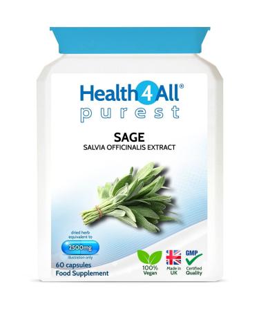 Health4All Sage Strong 2500mg 60 Capsules (V). Sage Leaf Extract for Hot Flushes Night Sweats and Menopause Symptoms. Vegan Sage Supplement 60 Count (Pack of 1)