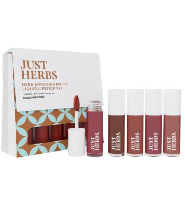 Just Herbs Organic Liquid Lipstick Kit Set of 5 Hydrating & Lightweight Lip Color - Paraben & Silicon Free - 1.6 fl oz. (Nudes & Browns)