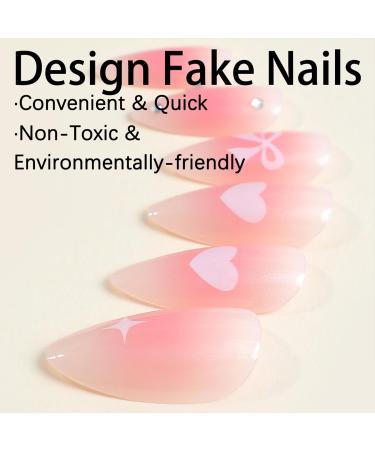 Pink Love Heart Bow Press On Nails | Long Almond Glitter Rhinestones | Reusable Acrylic Stick On Nails for Women - DIY Charm Manicure - Buy Online on GoSupps.com