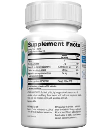 Bariatric Choice Chewable Calcium Citrate 500mg with Vitamin D3 Magnesium & Probiotics for Bariatric Surgery Patients Including Gastric Bypass & Sleeve Gastrectomy Sugar-Free -Berry Flavor 90 Count - Buy Online on GoSupps.com