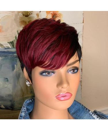 Alcobi Pixie Cut Wigs for Black Women Human Hair Short Bob Wigs with Bangs Highlight Color Wigs Full Machine Made Non Lace Layered Style African American Red Burgundy 99J Ombre Color 8 Inch